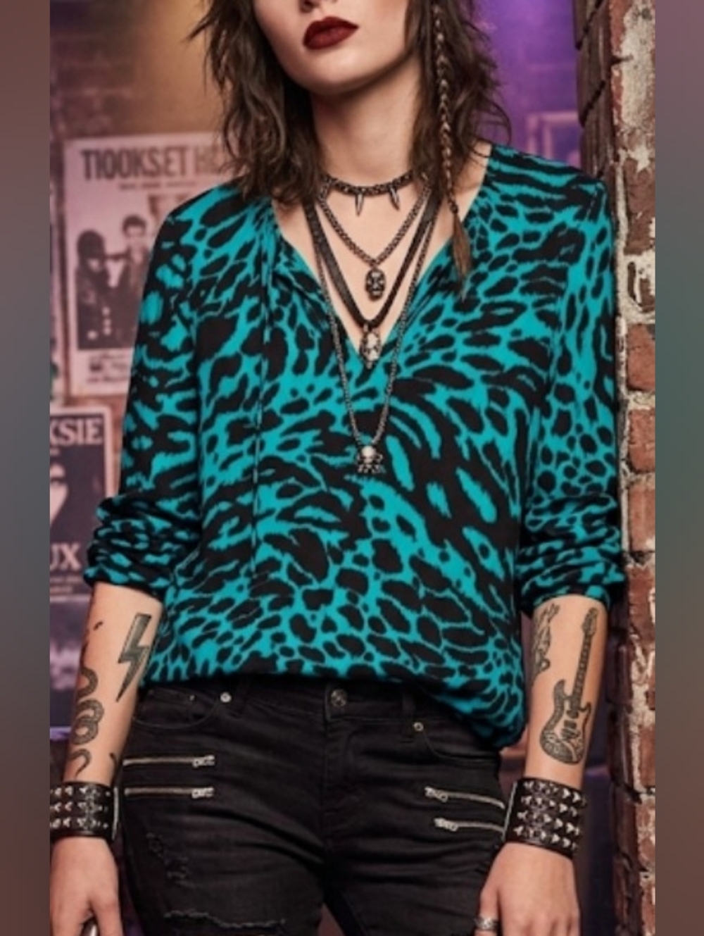Michael Kors Turquoise and Black Animal-Print V-Neck Blouse